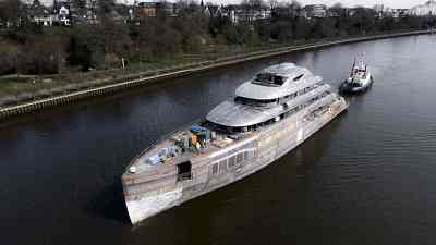 Hull of 78 metre Lürssen superyacht Ace 21 in transit