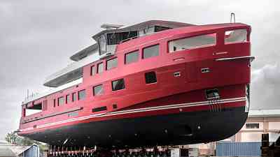 59 metre Rossinavi explorer yacht Akula has launched sporting a red hull