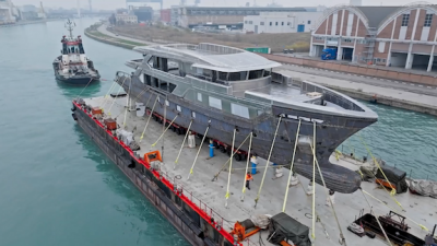 45 metre CdM flagship super yacht RJ II moved to outfitting